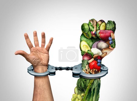 Orthorexia Nervosa Food Obsession and obsessed with Healthy eating concept or addicted to health food symbol as an extreme eating habit of consuming only certain foods as human hands shackled in cuffs with fruits and vegetables.