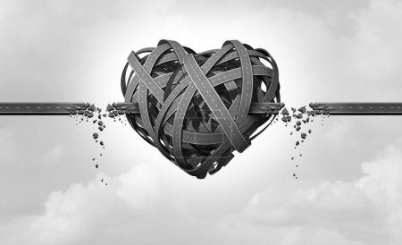 Fake Love und gebrochene Romantik als Kommunikationsfehler und Bruch in einer Beziehung als Wege, die durch eine Herzform als Metapher repräsentiert werden.