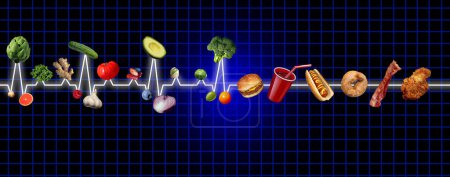 Concepto de ECG alimentario como un ECG sano normal o un ritmo de frecuencia cardíaca plana como un monitoreo de trastornos cardíacos debido a las opciones de dieta..