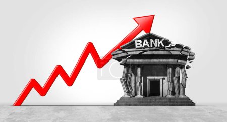 Bankeninflation und Bankenkrise als Inflationssymbol und Finanzkonzept, das von Schulden- und Kreditausfällen getroffen wird, als Grafikpfeil nach oben.