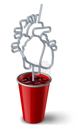 Soft Drinks And Heart Gesundheitsrisikokonzept als hohes Maß an Glukose oder Zucker in gesüßten Limonaden als Softdrinks mit Insulinungleichgewicht als Arzneimittel und jugendliches Fettleibigkeitskonzept mit 3D-Illustrationselementen.