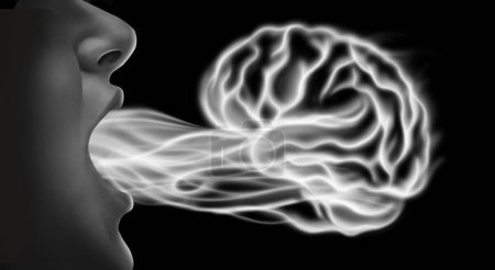 Vaping and brain health and related nicotine addiction disease risk as a person exhaling steam smoke or vapor shaped as a human mind from an electronic cigarette.