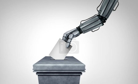 Inteligencia Artificial usando tecnologías de votación autónomas interrumpiendo elecciones como democracia mecánica como un votante robot emitiendo un voto como un asunto de ciberseguridad política.
