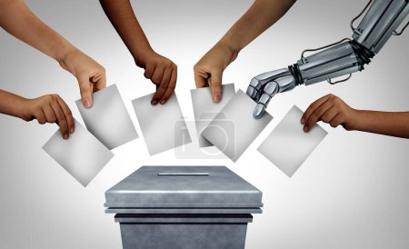 AI Politics And Society como un voto comunitario con un robot votando por votos emitidos como fraude electoral o votos falsos en un centro de votación como nueva tecnología electoral en una democracia.