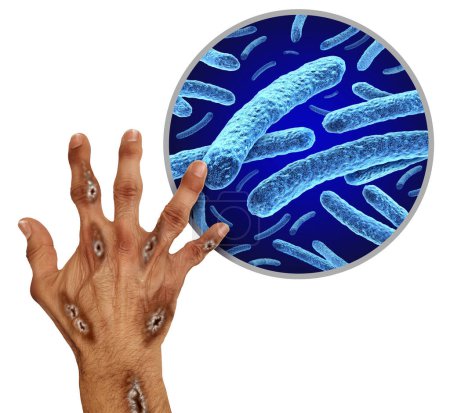 lèpre et Mycobacterium leprae Bactéries comme symptômes d'une maladie infectieuse chronique comme problème de santé publique et traitement médical des lésions d'une main comme épidémie ou éclosion d'infection.