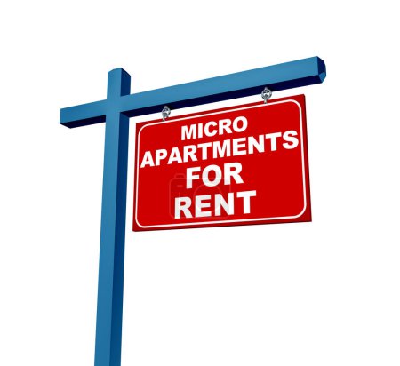 Micro Apartments For Rent Zeichen als Mikroapartment Real Estate Werbetafel, die die Vermietung von sehr kleinen Wohnungen oder Mieten durch Werbung mit einem Makler oder Vermieter vermarktet.