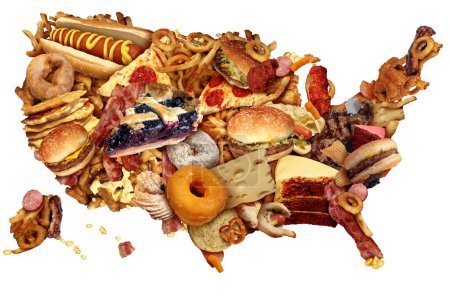 US Junk Food Diet as a American Unhealthy Eating Habits representing United States obesity and greasy high cholesterol  eating habits as an American health crisis.