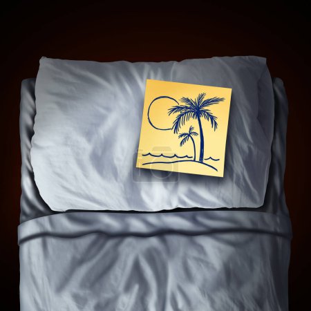 Schlaf- und Erholungstourismus als Urlaub zum Ausruhen und Entspannen im Bett mit Kopfkissen als erholsames Rückzugssymbol für Gesundheit als Reiseerinnerungsnotiz.