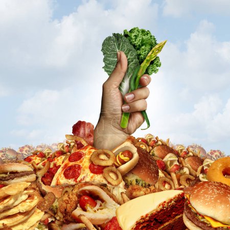 Lutte pour manger sainement Aliments naturels et la difficulté de vivre une vie nutritive lorsqu'il est entouré de tentant gras riche en gras et en cholestérol collations riches.