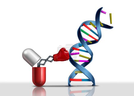 Langlebigkeitsmedizin als Anti-Aging-Medikament mit Boxhandschuh gegen alte alternde DNA, um die Lebensdauer zu verbessern und mit Hilfe von Medikamenten ein gesünderes Leben zu führen