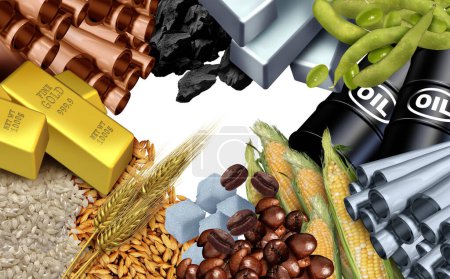 Rohstoffe und Rohstoffhintergrund als Rohstoff und landwirtschaftliche Produkte als Wirtschaftsgüter und natürliche Ressourcen zum Handel oder Tauschhandel als Rohöl Kaffeebohnen Kupfergold und Weizen.