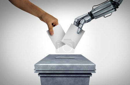 Elections And Technology as voting digital security issues and vote integrity concerns as a human voter and an AI robot voting representing election trust challenges as an ethical dilemma.