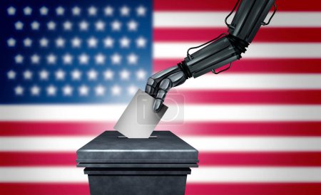 US Election Technology Security und United States AI Vote oder amerikanische künstliche Intelligenz bei Wahlen als Roboterwähler oder USA Automated Machine Voting Tech mit verschwommenem Hintergrund.