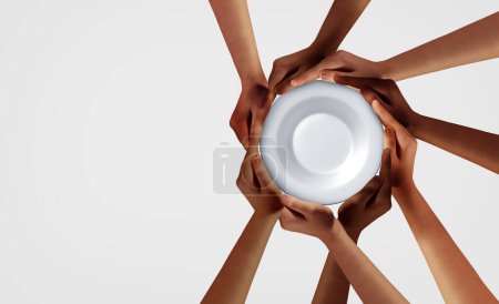 Community Food Bank or Global Hunger Crisis as a diverse group representing world famine and international distribution as hands holding an empty dinner plate as a hungry population starving for nutrition.