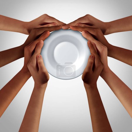 Global Hunger Crisis as a diverse group representing world famine and international food  distribution as hands holding an empty dinner plate as a hungry population starving for nutrition.