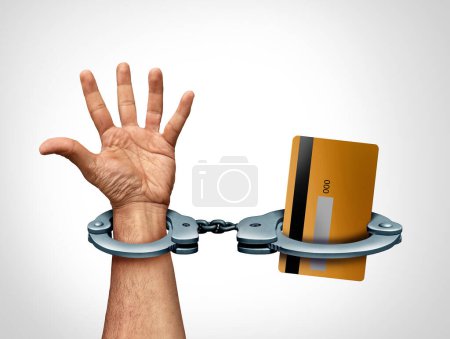 Credit Card Problem and financial trap as debt Stress and economic burden or loan prisoner in handcuffs as high interest borrowing and late fees for consumer loans or overdue card balance.