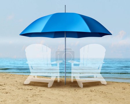 Altersvorsorge und Alterssicherung als Szene am Strand mit einem Sonnenschirm, der Finanz- und Rentenunterkünfte für geburtenstarke Jahrgänge und Planung für Rentner darstellt.
