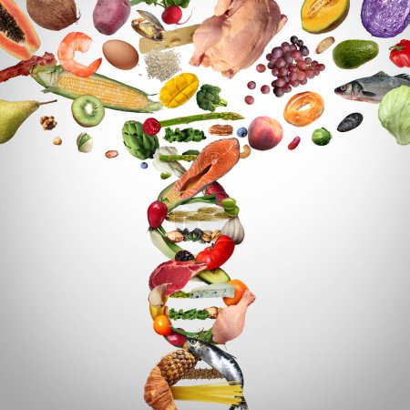 Lebensmittelwissenschaft und gentechnisch veränderte Lebensmittel oder gentechnisch veränderte Pflanzen als Konzept der industrialisierten Landwirtschaft als Ernährung und Biotechnologie und genetische Manipulation durch biologische Agrarwissenschaften als DNA-Strang-Symbol.