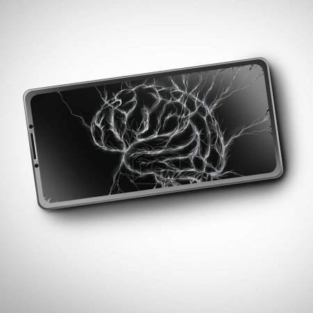 Smartphone Brain Effect und Mobiltelefon als Problem psychischer Erkrankungen oder Internetsucht oder Smartphone-Risiko für das menschliche Gehirn und Angstprobleme oder soziale Medien verursachten Stress oder Depressionen als Sozialpsychologie.