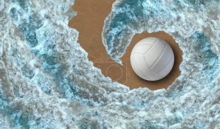 Beach Volleyball as a ball on a sandy beach with a cool sea wave or ocean water as a summer sports fun activity symbol as an outdoor game.