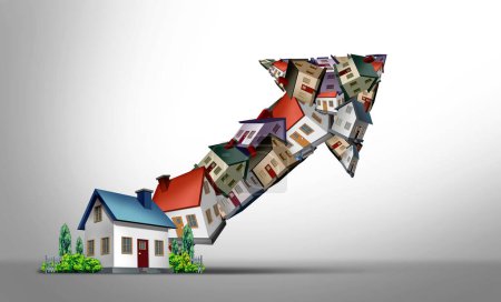 Hausse des prix des maisons et hausse des taux d'intérêt ou des prix hypothécaires à mesure que les coûts du logement augmentent en raison de l'inflation et de la crise financière concept en tant que groupe de maisons dans une flèche graphique.