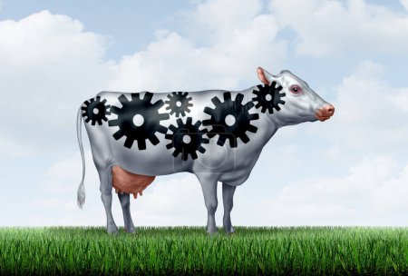 Dairy Industry concept and milk production business as a milking cow on a green field represented by gears and cogs. 
