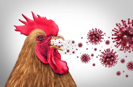 Verbreitung der Vogelgrippe und der hochpathogenen Vogelgrippe oder HPAI-Krise und des Bauernhof-Virus als virales Geflügel infiziertes Huhn oder Vieh Gesundheitsrisiko für globalen Infektionsausbruch oder landwirtschaftliches Sicherheitssymbol.