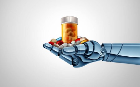 AI Medicine and Artificial intelligence in healthcare or Robot pharmacist and robotics in pharmacies as the future of prescription medication and health using machines and computer software for pharmaceutical technology.