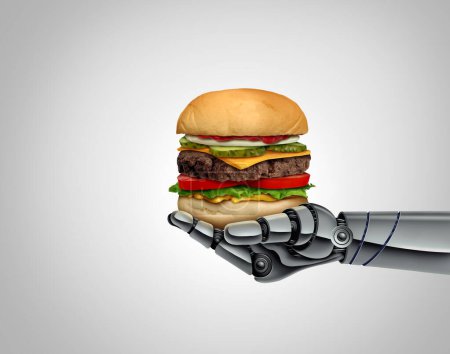 Robot Cooking and kitchen robotics as the future of preparing food as a hamburger created by a machine and computer software and Precision cooking technology as Automated burger production.