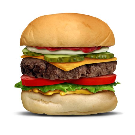 Perfekte Hamburger als American Burger alle mit frischen Garnierungen Zutaten für einen perfekten klassischen Hamburger mit einem Fleisch-Patty Salat Zwiebeln Ketchup-Sauce Essiggurken Tomaten-Käse-Scheibe montiert gekleidet.