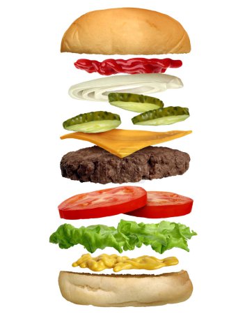 Montage eines Burgers als individuelle Toppings Zutaten für einen perfekten klassischen Hamburger mit einem Fleisch-Patty Salat Zwiebeln Ketchup-Sauce Essiggurken Tomaten- und Käsescheibe als kulinarisches Symbol der amerikanischen Kultur zusammengestellt.