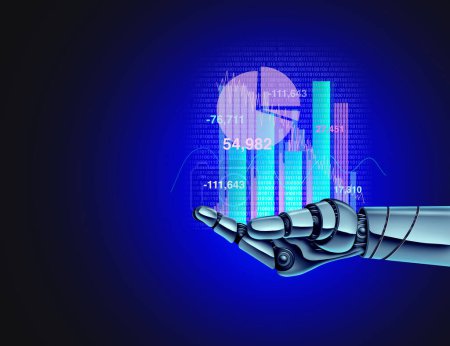 Investir dans l'IA et l'intelligence artificielle Les services financiers et les services bancaires numériques en ligne comme une main robotisée avec des symboles boursiers et bancaires représentant le trading en ligne ou les technologies de crypto-monnaie.