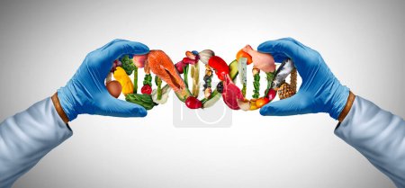 Ernährungswissenschaft und ausgewogene Ernährung Genbiologie als Ernährungswissenschaften als Ernährungswissenschaftler oder Wissenschaftler mit Nährstoffen mit einem Lebensmittel-DNA-Strang als Ernährungsgesundheitskonzept für Wellness.