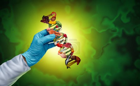 Símbolo alimentario y genético como Nutrición Ciencia y Alimentación o Nutrigenómica Científico como nutricionista o técnico de laboratorio con nutrientes y alimentos como hebra genética de ADN que representa OMG o edición genética concepto de salud dietética.