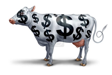 Símbolo de éxito comercial de Cash Cow para una empresa o servicio rentable que genera ganancias y riqueza creciente como metáfora de la rentabilidad, como las vacas que producen leche de forma consistente