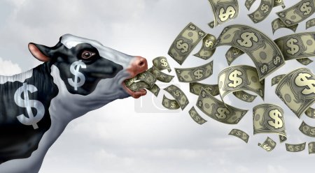 Cash Cow business metaphor as a success symbol  for a profitable company or service generating profit and growing wealth for profitability like cows producing milk consistently.