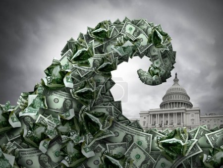 Federal Budget Deficit and US Debt Danger as the American economy in crisis or financial trouble due to spending with a fear of inflation inthe United States economic situation as a huge risk to Washington.