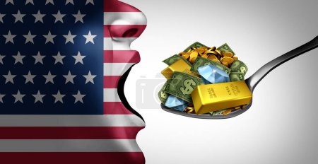 US Debt And Consumerism and American consumer spending crisis or United States government deficit and national budget debt as excessive consumption nation consuming wealth and resources.