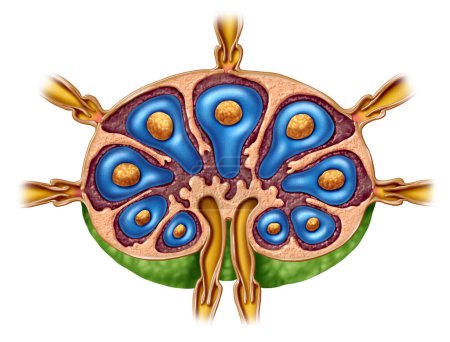 Anatomía de los ganglios linfáticos como una sección transversal de la glándula del concepto de función del sistema linfático y el sistema inmunitario o el concepto de órgano linfoide con vasos aferentes y eferentes.