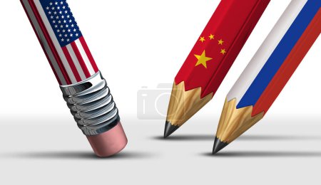 China Russia United States Conflict or USA opposing Russia China strategic economic and political planning partnership as foreign policy planning compete with American government policies or trade war and sanctions issues.
