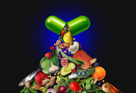 Complément vitaminique diététique sous forme de capsule contenant des fruits légumes noix et haricots à l'intérieur d'une pilule nutritive en tant que médicament naturel et thérapie médicinale.