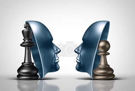 Representación de negocios como un peón de ajedrez y pieza de rey con el jugador más pequeño posturando y representándose a sí mismo como un igual que representa la estrategia de las pequeñas y grandes empresas.
