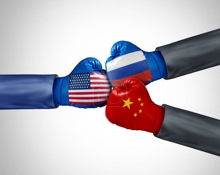 Estados Unidos versus Rusia China como una alianza estratégica económica y política y de política exterior para competir con las políticas del gobierno estadounidense o las cuestiones de guerra comercial y sanciones.