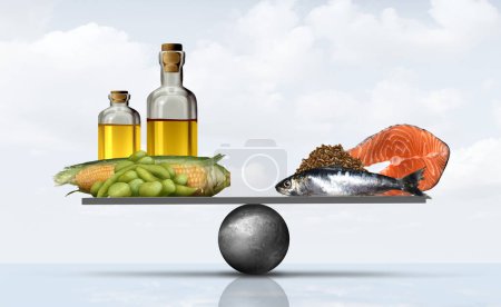 Omega 6 a 3 Relación y ácidos grasos omega-6 del aceite de maíz y de soja frente al pescado graso como sardinas de salmón y el consumo de linaza como nutrición omega-3.