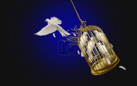 Liberarse y los límites o concepto de libertad como un pájaro escapando de una jaula con aves encarceladas como símbolo del individualismo y el poder de romper los límites de confianza para tener éxito.