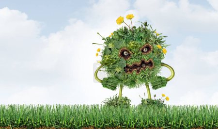 Yard Pest and Lawn Weeds Charakter und Unkrautmonster als Löwenzahn mit Klee Krabbengras Nuissance Rasen Ärger als Symbol für den Einsatz von Herbiziden im Garten oder Gartenarbeit zur Rasenpflege.