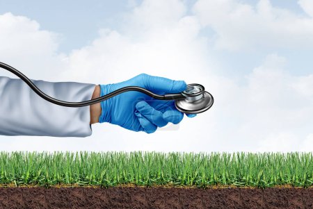 Healthy lawn care as landscaper doctor with a stethoscope in a yard making a diagnosis for preventing Weeds and grass or turf disease as a garden maintenance concept for green lawns.