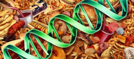 Comida chatarra Genética o masa grasa y obesidad asociada a la genética o FTO como concepto de comida rápida con una cadena de ADN que representa la genética y la alimentación poco saludable que afecta a los genes.