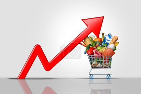 Aumento de los precios de los supermercados y del coste de los alimentos o aumento de los precios de los comestibles como costes de los supermercados como concepto de crisis financiera inflacionista golpeado por una flecha del gráfico financiero.