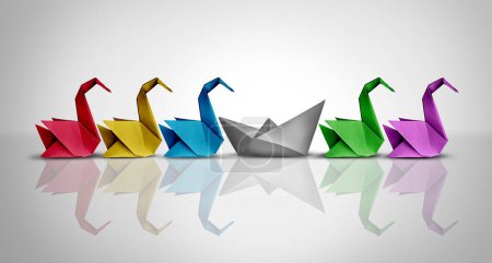 Underperformance concept as an basic undeveloped outsider as a paper boat in a group of highly sophisticated origami birds as a metaphor for a novice or beginner in a competitive skilled group.